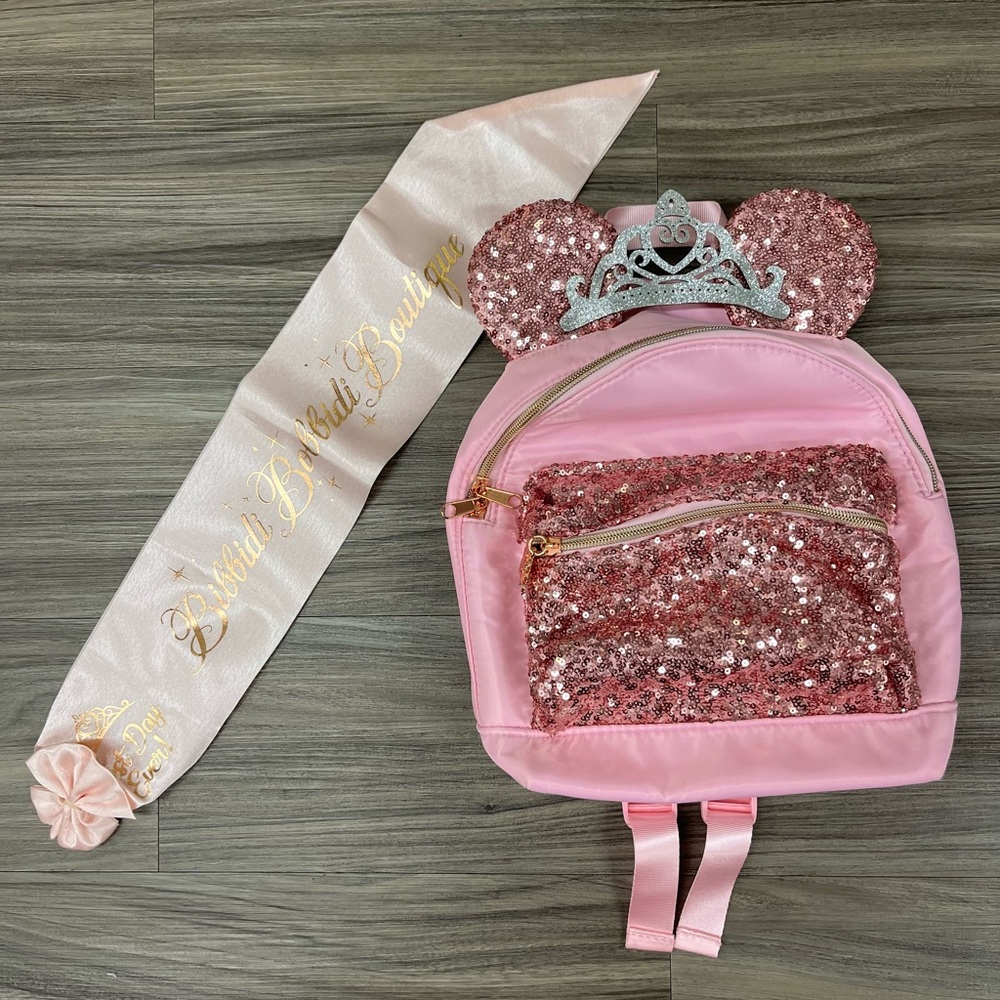 RARE DCL Disney Pink Sequin Backpack with Ears and Bibbidi Bobbidi Boutique sash